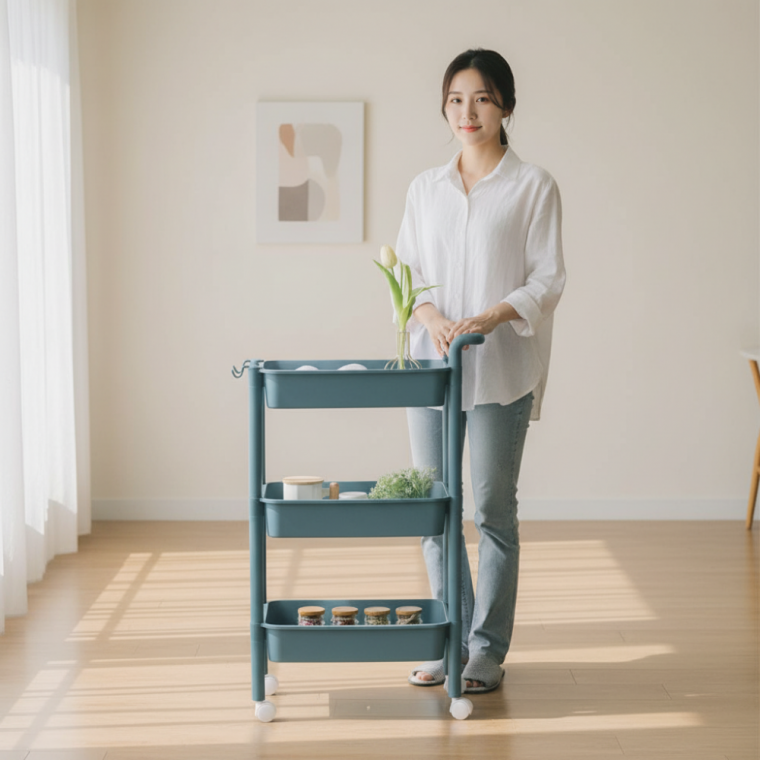 파스텔톤 이동식 트롤리 수납선반 3단 4단 다용도 주방 정리대