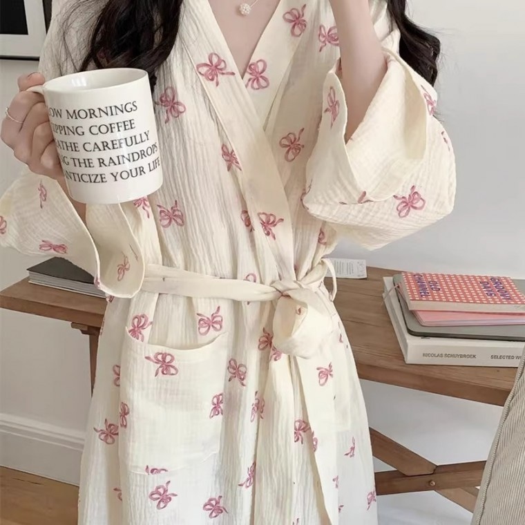 핑쿠 리본 로브 파자마 홈웨어 샤워가운